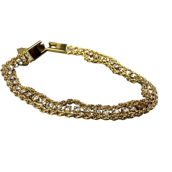 Gold-Tone Double Chain Bracelet Clear Rhinestones Secure Clasp Shine Sparkles - Picture 1 of 16